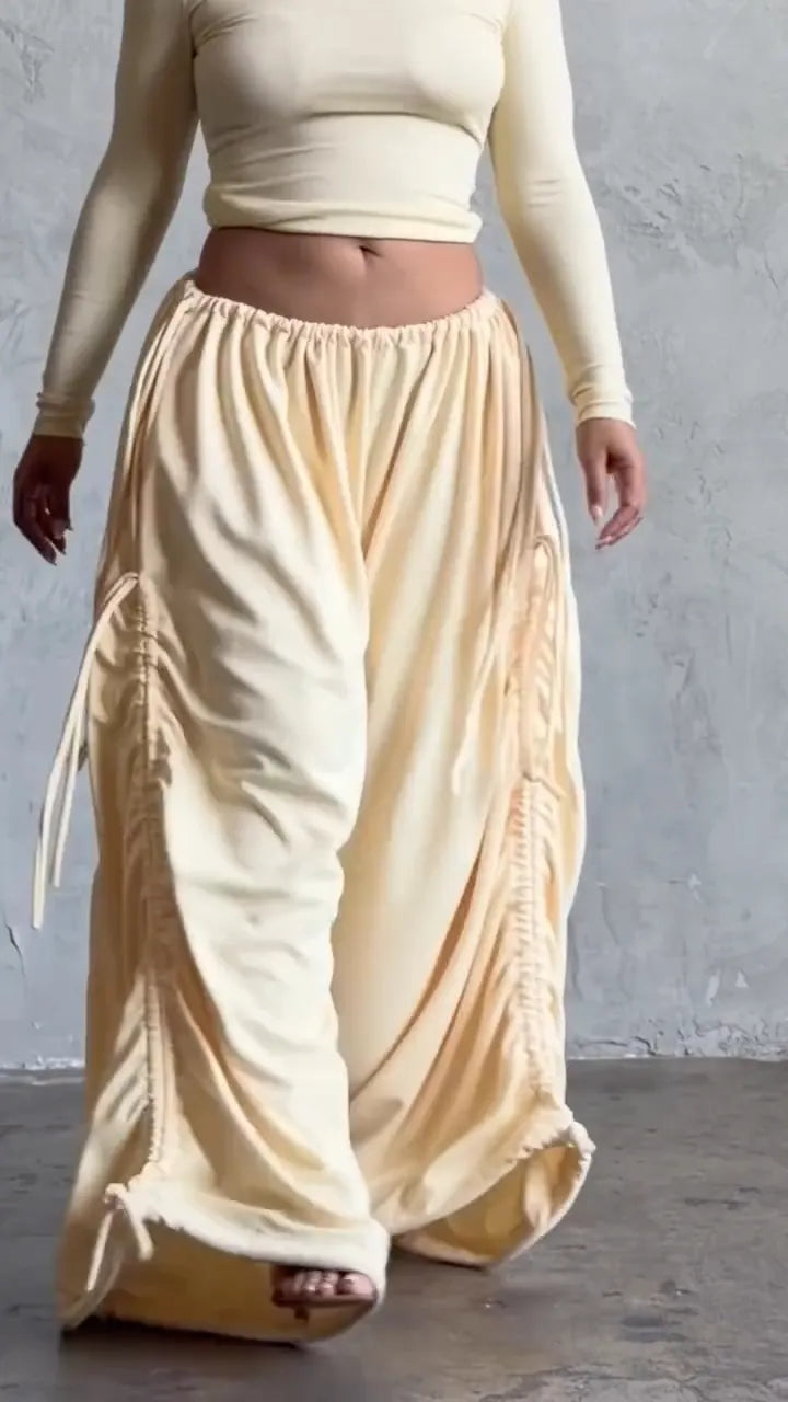 Elastic Waist Drawstring Wide Leg Pants