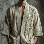 Men's Japanese Bamboo Art Pattern Linen Blend Kimono Cardigan