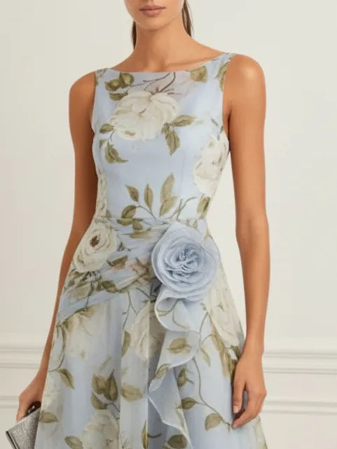 Light Blue 3D Floral Chiffon Boat Neck Sleeveless A-Line Midi Dress