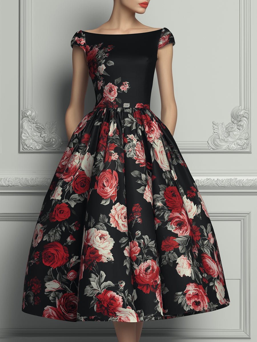 Black Base Red Rose Floral Print A-line Midi Dress