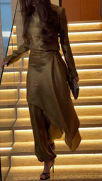 Satin High Neck Long Sleeve Top & Asymmetrical Overlay Balloon Pant Two Piece Set