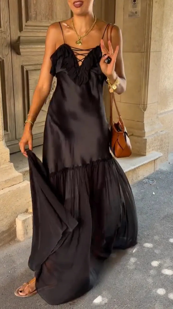 Black Satin Lace‐Up Maxi Slip Dress