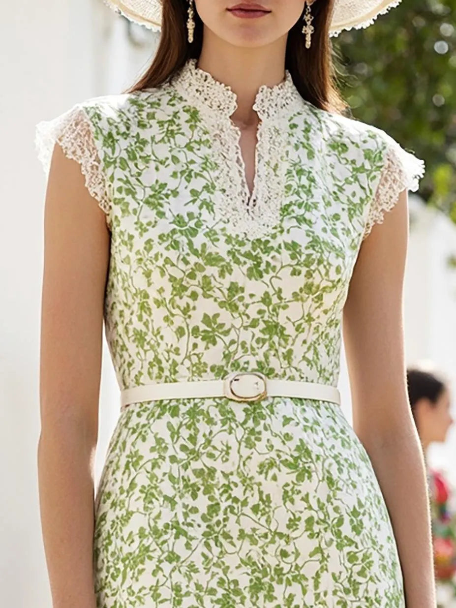 Midi Linen Dress , Cap Sleeves, V Neck, Floral, Lace, French Vintage, Green