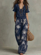Casual Ruffled-collar Top And Printed Trousers Two-piece Set