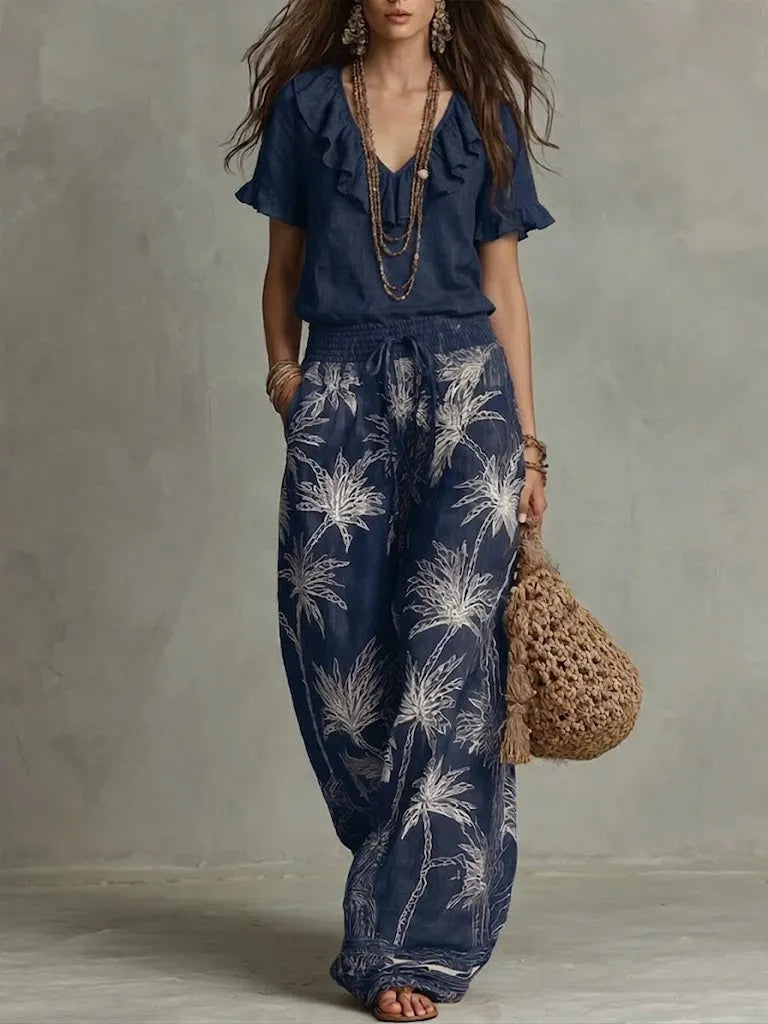 Casual Ruffled-collar Top And Printed Trousers Two-piece Set