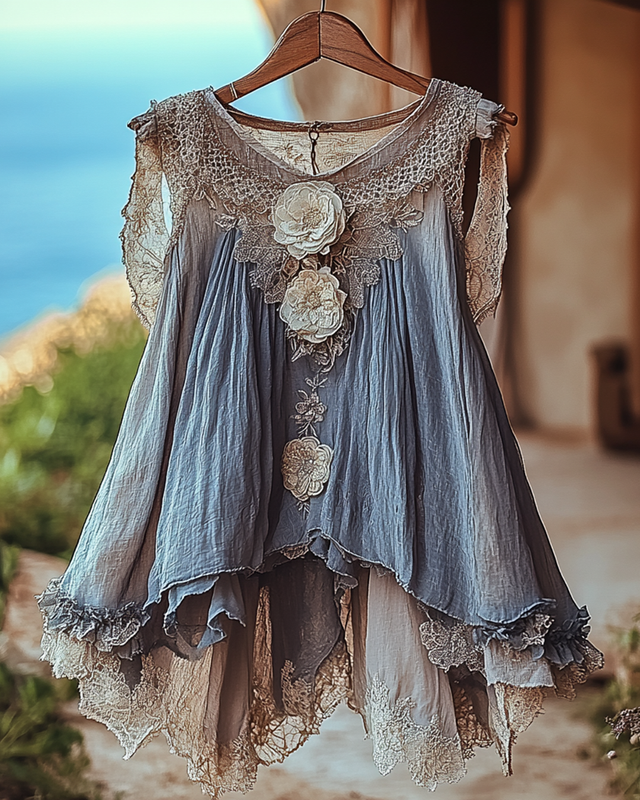 Summer Vacation Ruffle  Lace Patchwork Top  8efd