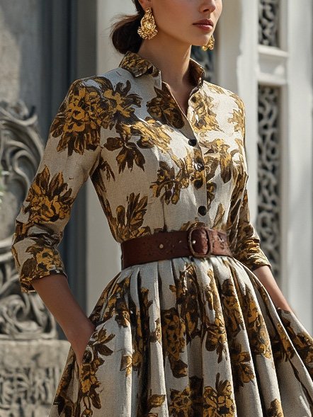 Midi Cotton Dress, Half Sleeve, Shawl Collar, Floral, Button Design, Vintage, Gray-brown