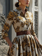 Midi Cotton Dress, Half Sleeve, Shawl Collar, Floral, Button Design, Vintage, Gray-brown