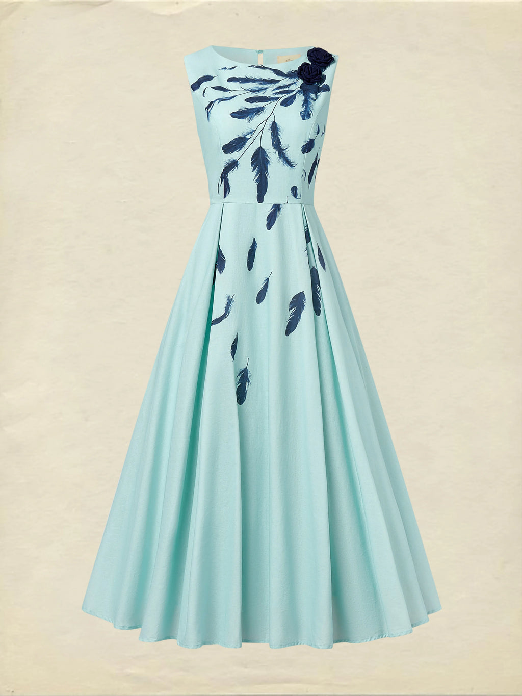 Maxi Linen Dress , Sleeveless, Round Neck, Feather Pattern, Pocket Design, Vintage, Sky Blue