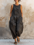 Dark Gray Cotton Sleeveless Oversized Harem Jumpsuit