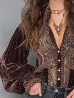 Vintage Velvet Paisley Blouse With Lace Trim