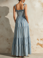 Blue Striped Linen Smocked Tiered Maxi Dress