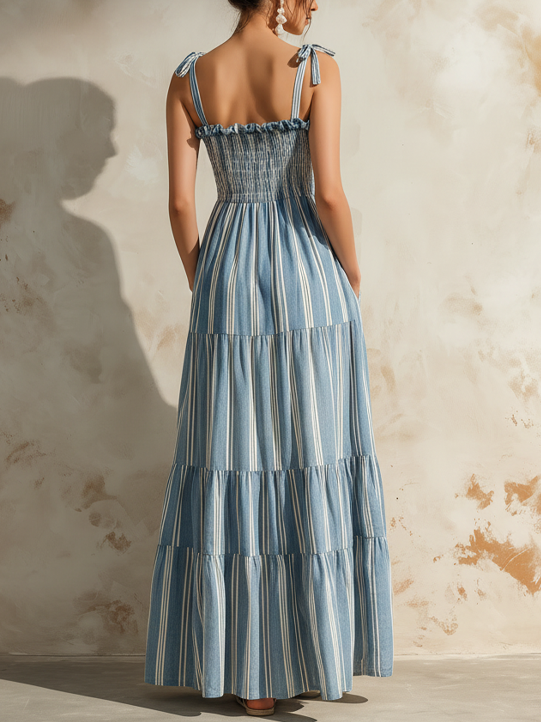 Blue Striped Linen Smocked Tiered Maxi Dress