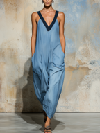 Washed Denim Sleeveless Wide-Leg Jumpsuit With Dark Trim