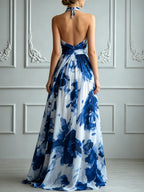 Elegant Blue And White Ink-Style Flowy Chiffon Dress