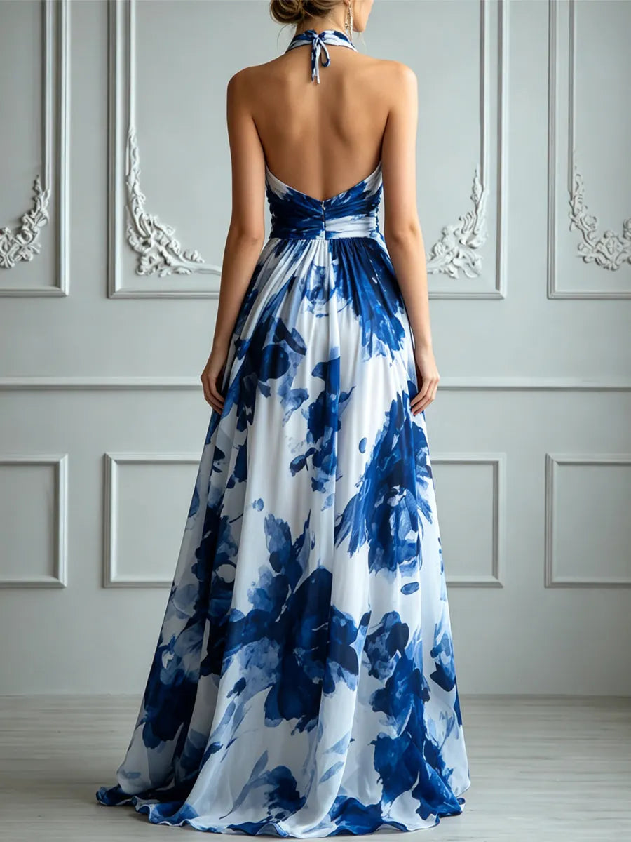 Elegant Blue And White Ink-Style Flowy Chiffon Dress
