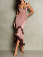 Elegant Blush Satin Lace-Trim Slip Midi Dress With Asymmetric Hem