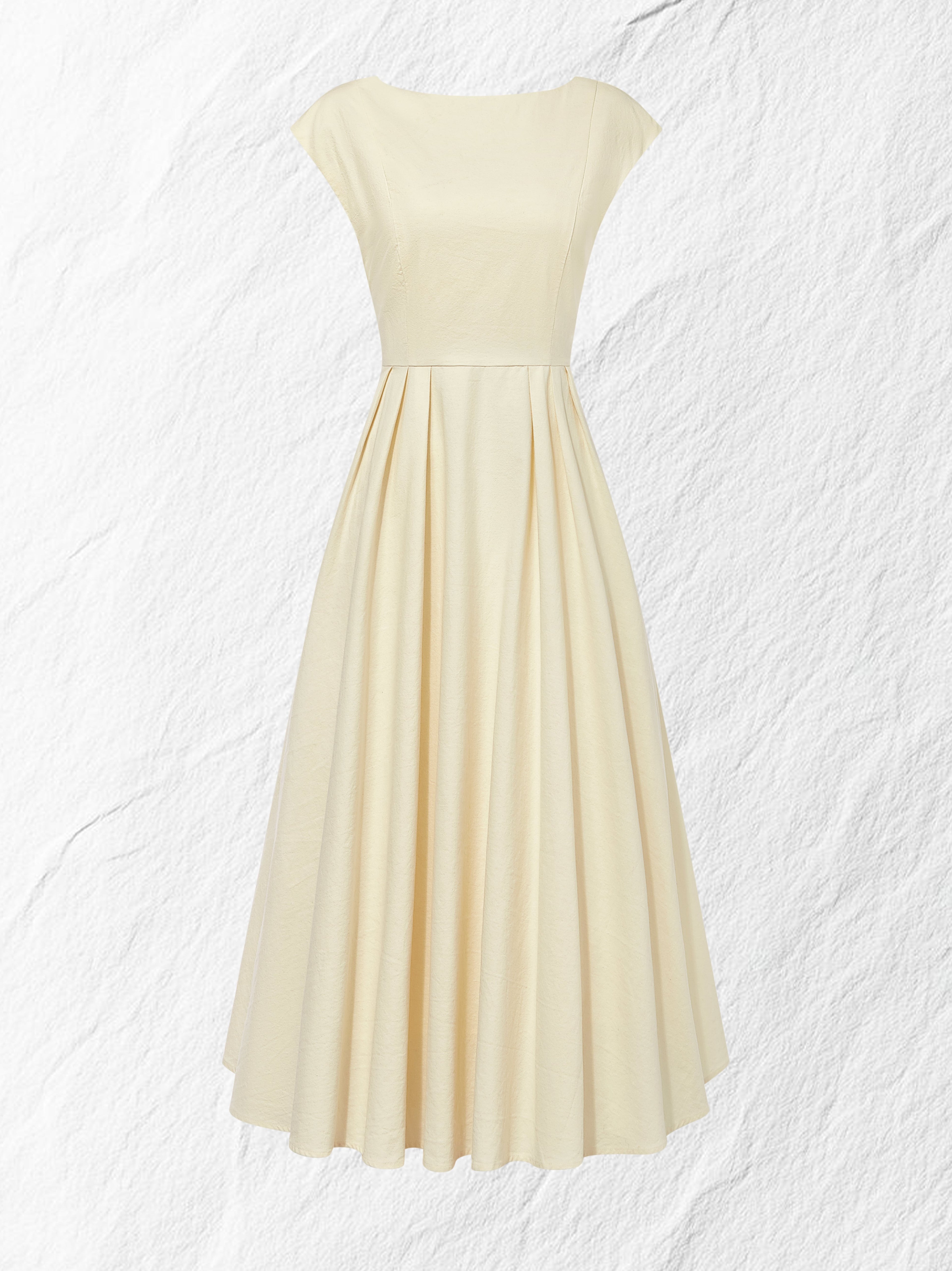 Linen Midi Dress, Cap Sleeve, Boat Neck, Plain, Vintage, Off White