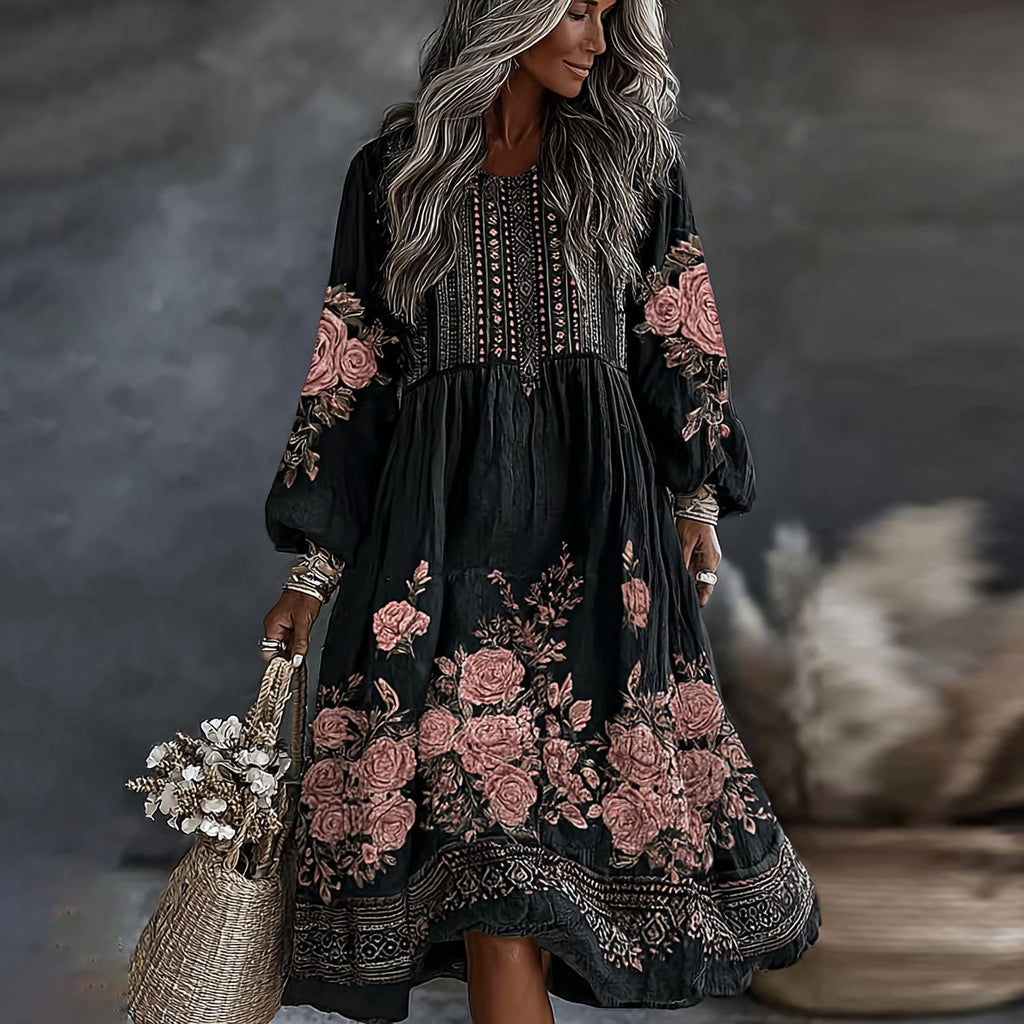 Women's Vintage Floral Art Flowy Linen Blend Casual Round Neck Long Sleeve Maxi Dress