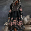 Women's Vintage Floral Art Flowy Linen Blend Casual Round Neck Long Sleeve Maxi Dress