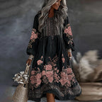 Women's Vintage Floral Art Flowy Linen Blend Casual Round Neck Long Sleeve Maxi Dress