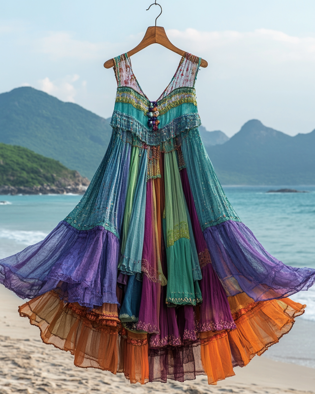 Elegant contrast color vacation loose rainbow maxi dress b221