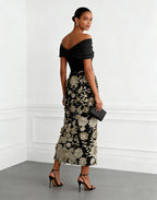 Black 3D Floral Classic Off The Shoulder Short Sleeve Sheath Midi Dress