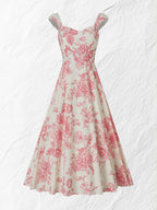 Maxi Cotton Dress, Sleeveless, Sweetheart Neck, Floral, Suspenders, Vacation, Vintage, Apricot