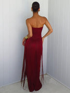 Burgundy Strapless Fringe Cut-Out Maxi Evening Gown