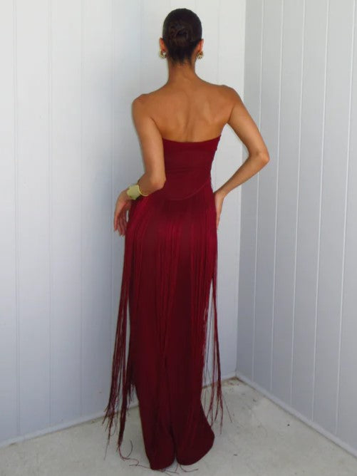 Burgundy Strapless Fringe Cut-Out Maxi Evening Gown