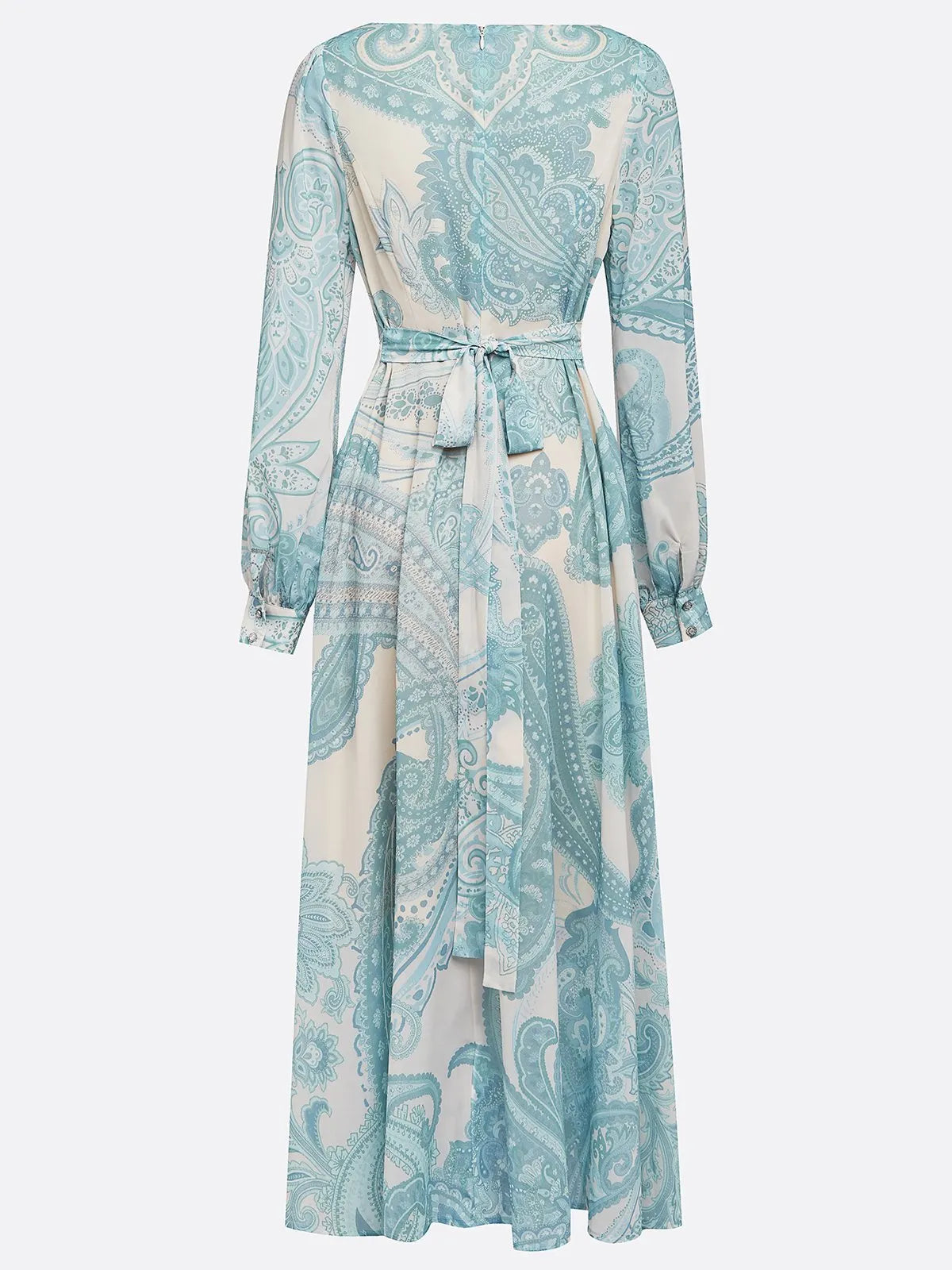 Light Blue Paisley Chiffon Crew Neck Long Sleeve Balloon Sleeve A-Line Maxi Dress With Pockets
