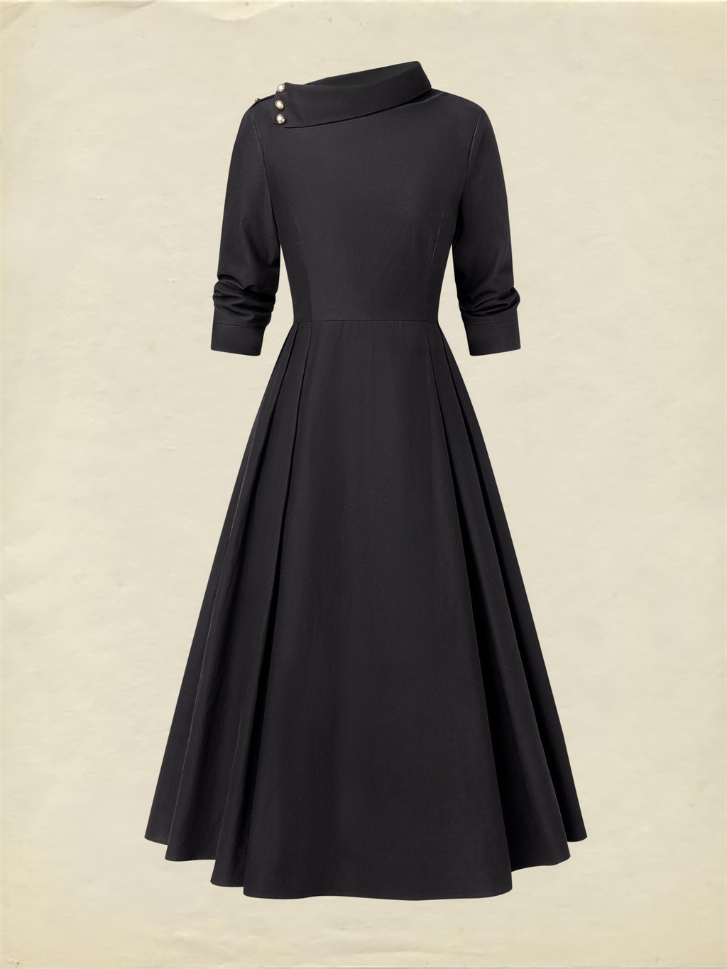 Midi Cotton Dress, Half Sleeve, Shawl Collar, Plain, Pocket Design, Vintage, Crimson