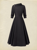 Midi Cotton Dress, Half Sleeve, Shawl Collar, Plain, Pocket Design, Vintage, Crimson