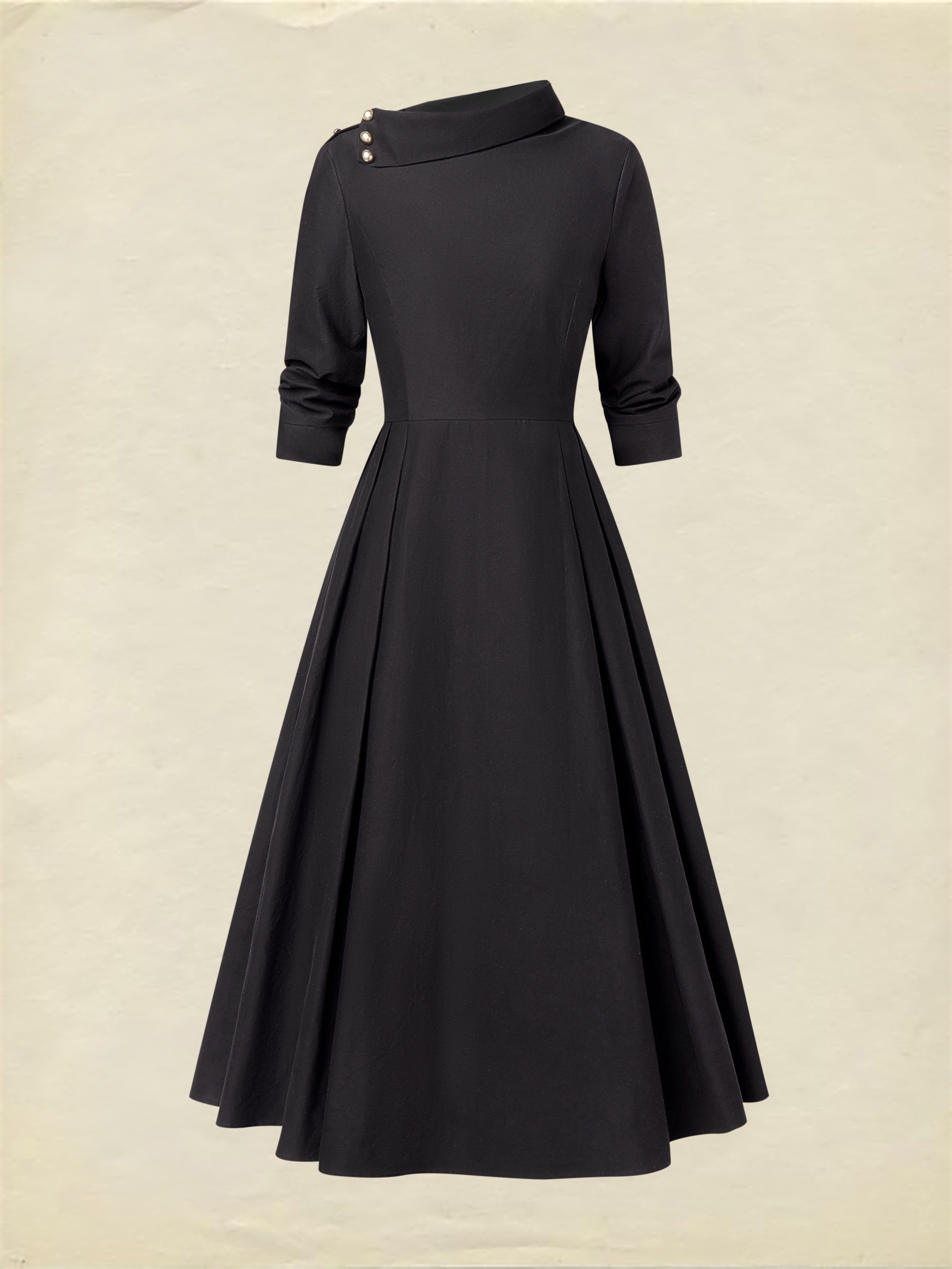Midi Cotton Dress, Half Sleeve, Shawl Collar, Plain, Pocket Design, Vintage, Crimson