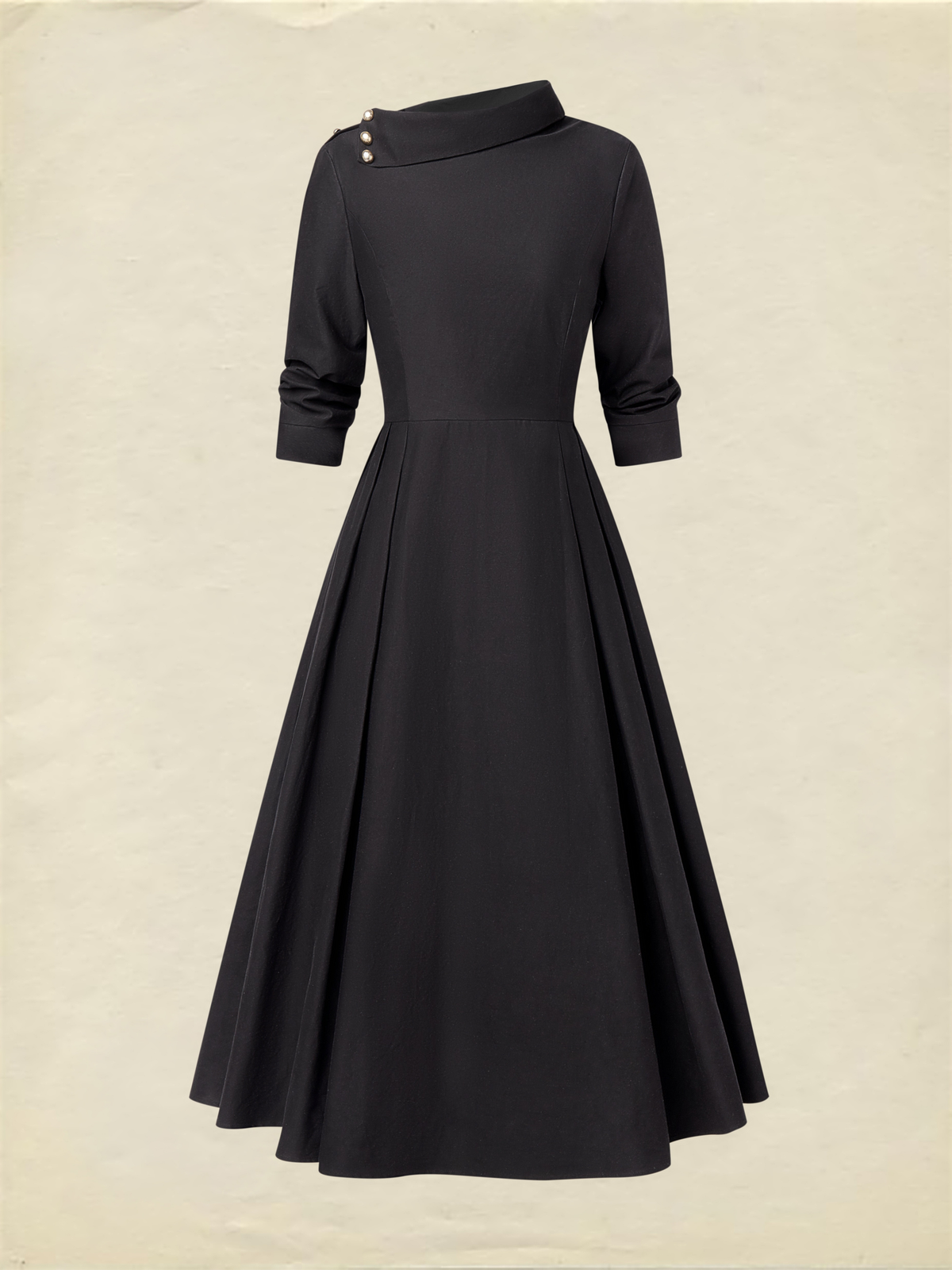 Midi Cotton Dress, Half Sleeve, Shawl Collar, Plain, Pocket Design, Vintage, Black