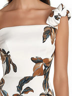 Chic White Satin Dress with Floral Print and Unique Shoulder Strap