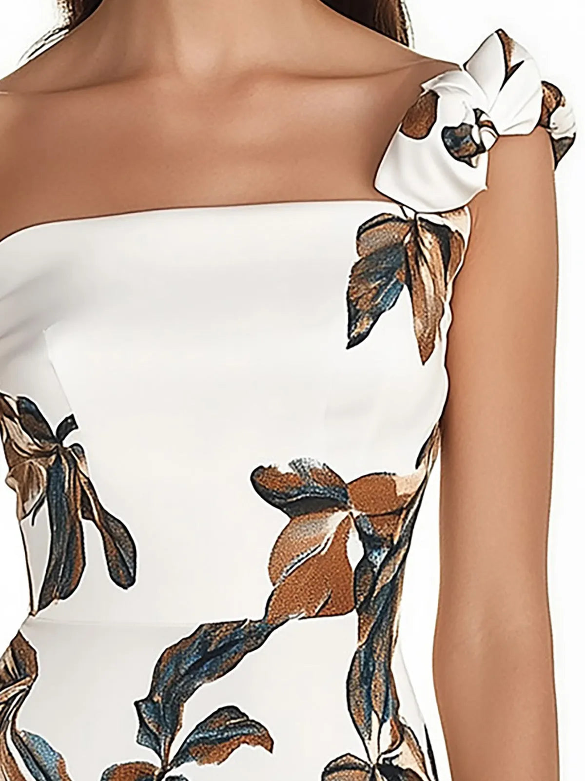 Chic White Satin Dress with Floral Print and Unique Shoulder Strap