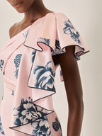 Pink Floral Ruffled Satin One Shoulder Sleeveless Sheath Maxi Dress