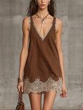 Brown V-Neck Mini Dress With Lace Trim And Pockets
