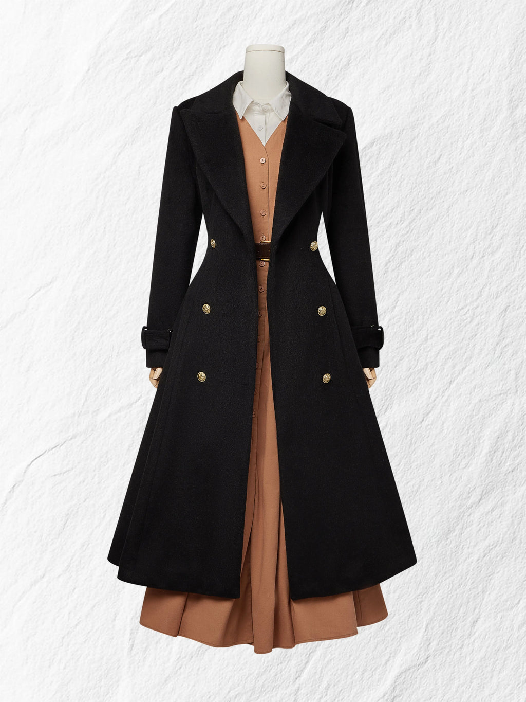 Wool Trench Coat, Long Sleeves, Lapel Collar, Plain, Button Design, Vintage, Black