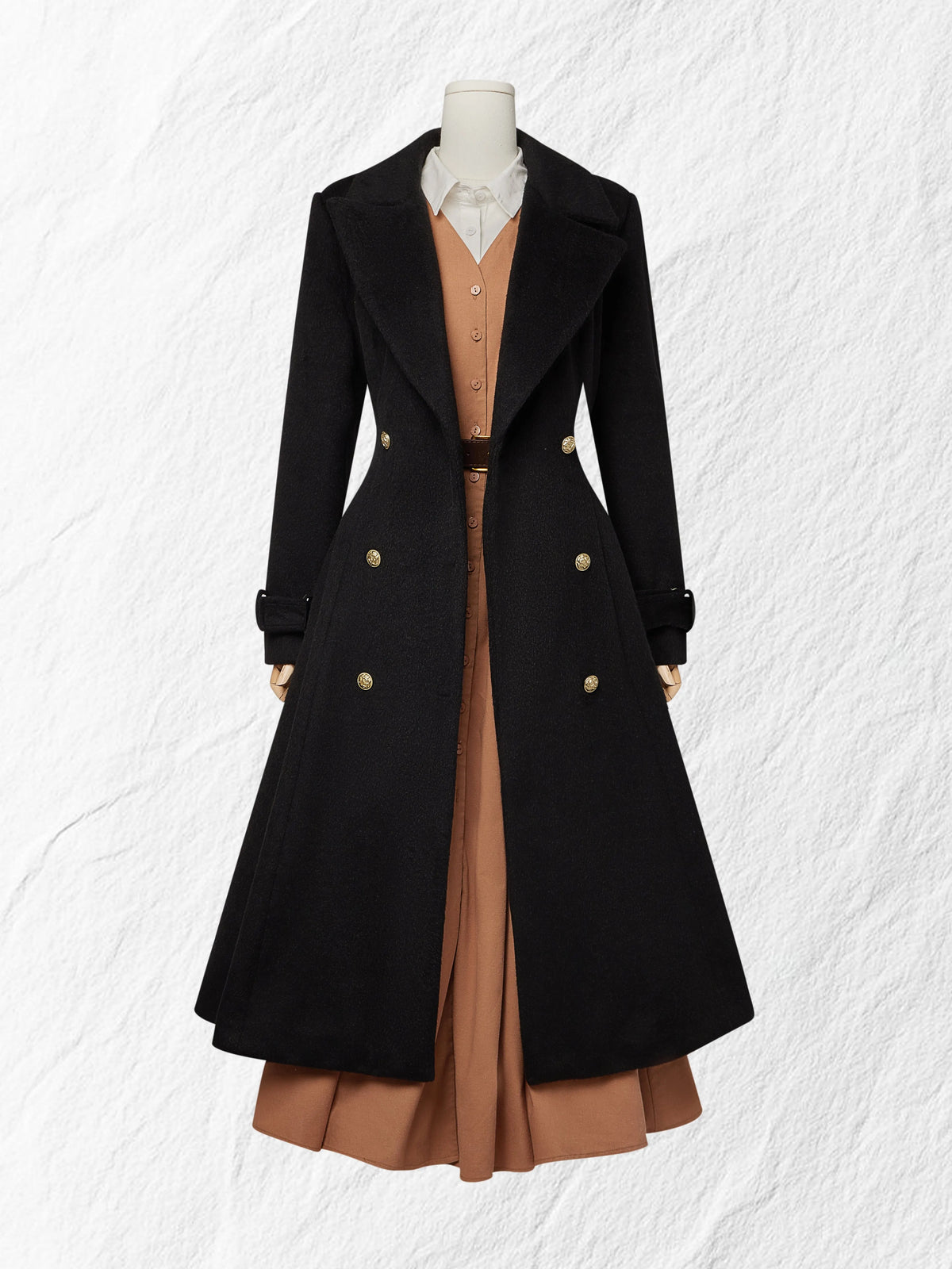 Maxi Linen Dress Set & Shirt, Long Sleeves, Shawl Collar, Plain, Button Design, French Vintage, Light Brown