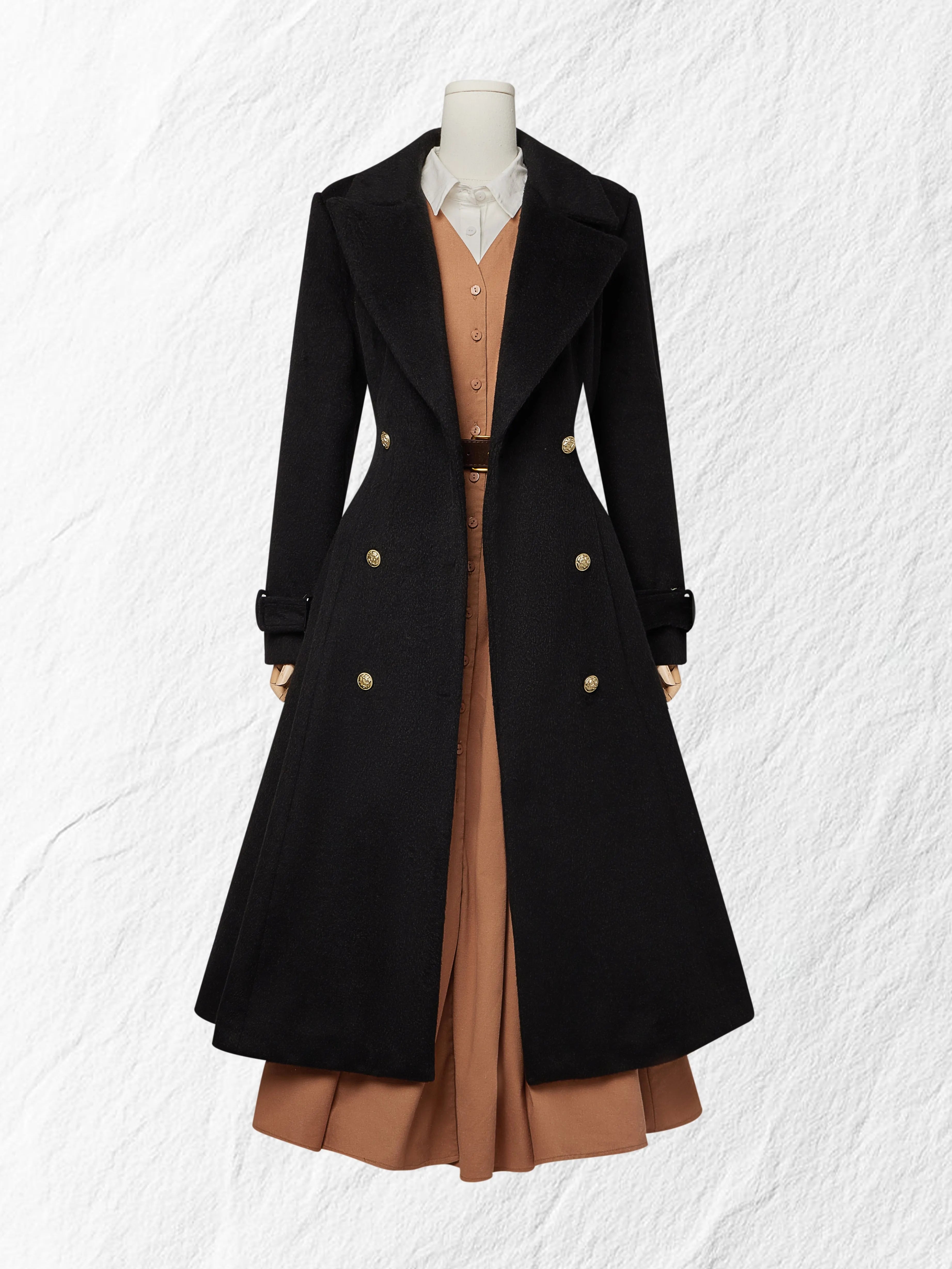 Maxi Linen Dress Set & Shirt, Long Sleeves, Shawl Collar, Plain, Button Design, French Vintage, Light Brown
