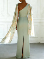 Light Green Floral Classic One Shoulder Sleeveless Sheath Maxi Dress