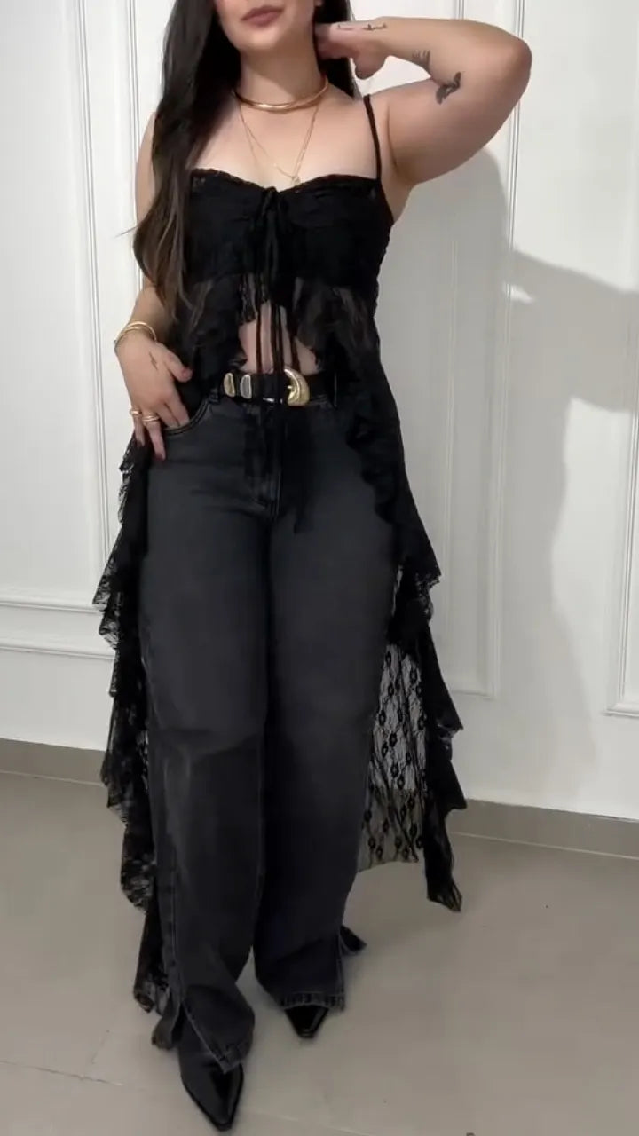 Sheer Lace Fringe Tie Front Maxi Cover Up Top