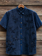 Vintage Flowers & Bamboo Art Short Sleeve Linen Shirt
