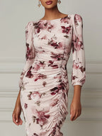 Blush Floral Print Ruched Midi Dress