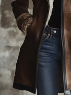 Women's Vintage Contrast Lambskin Collar Faux Leather Coat