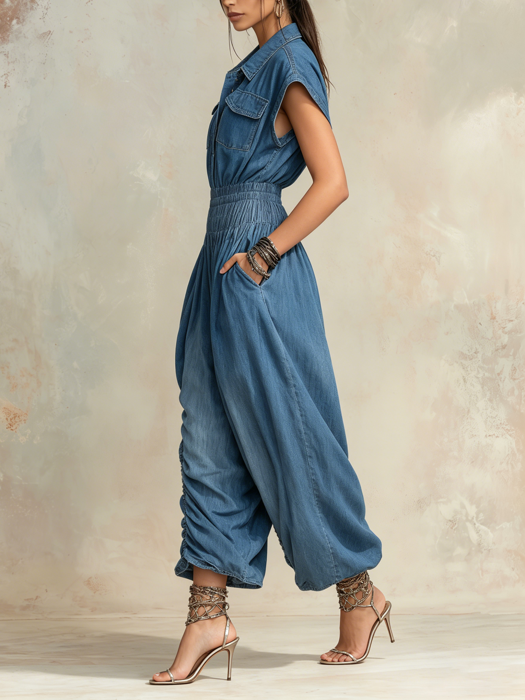 Blue Denim Smocked Waist Ruched Harem Jumpsuit