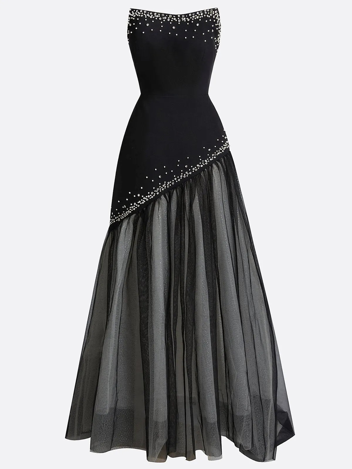 Black Hot Drilling Classic Tulle Strapless Sleeveless A-Line Gown Dress