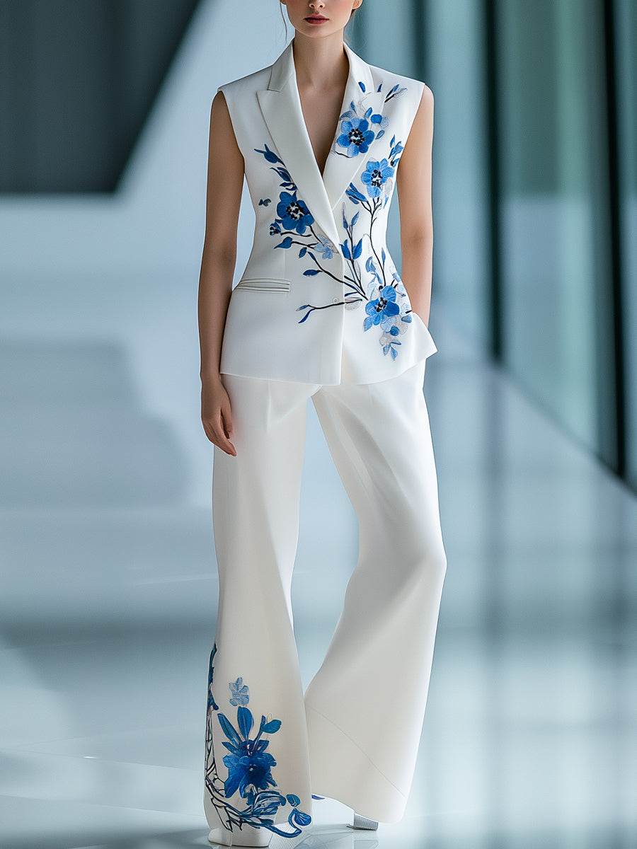 Urban Sleeveless Floral Printed Blazer and Trousers Set